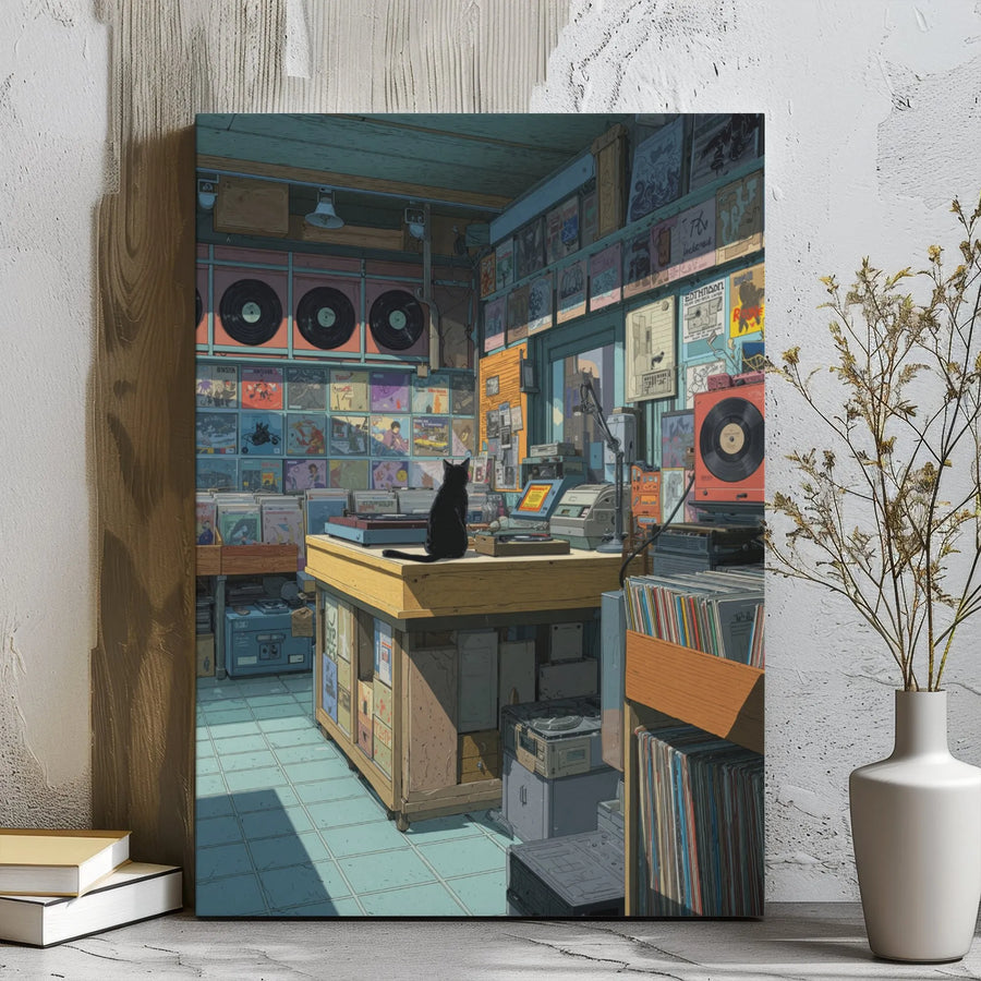 Lo-Fi Anime Record Store Canvas Wall Art | Black Cat Vinyl Shop Decor | 1.25-Inch Gallery Wrap Print | Aesthetic Music Lover Gift for Room