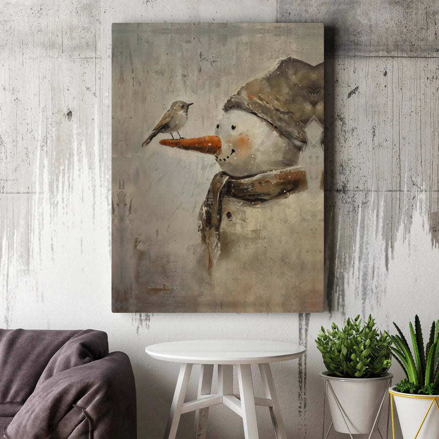Snowman Canvas Art | Painterly Winter Bird On Carrot Nose | Premium Gallery Wrap Wall Decor | Festive Christmas Home Gift