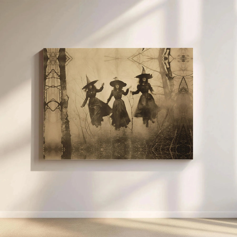 Floating Witches Wall Art | Vintage Sepia Forest Canvas Print | 1.25 Inch Gallery Wrap | Gothic Halloween Home Decor Gift