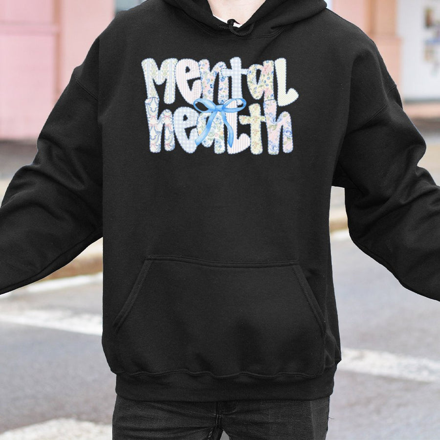 Mental Health Awareness Hoodie | Floral Patchwork Typography Design | Premium Cotton-Blend Fleece | Gift for Counselors and Therapists