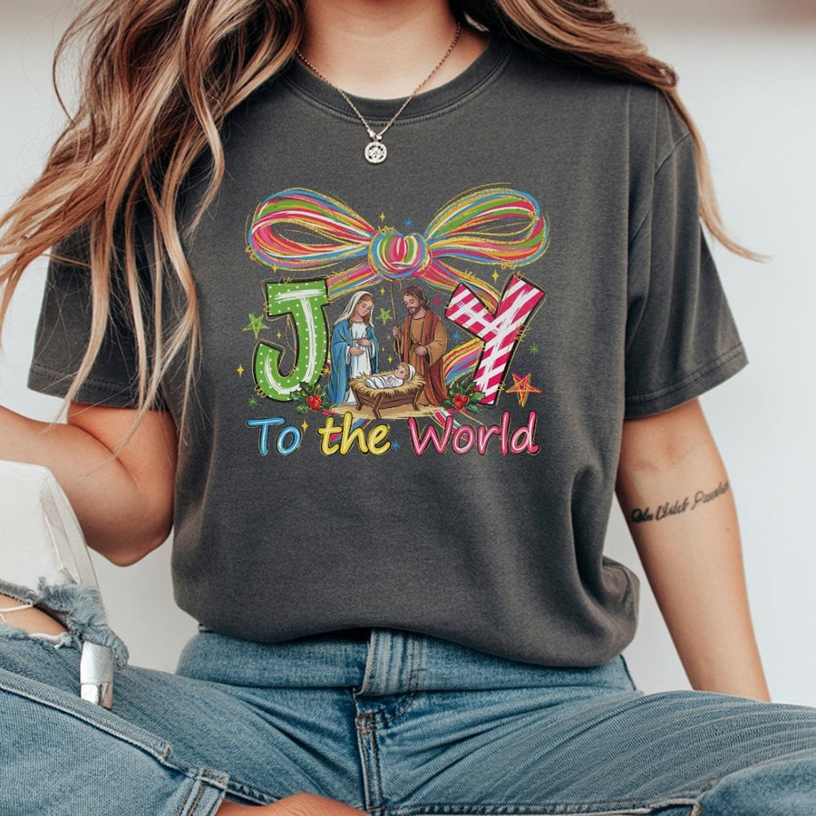 Joy To The World T-Shirt | Nativity Scene Graphic Print | 100% Cotton Premium Tee | Christian Christmas Gift For Men & Women