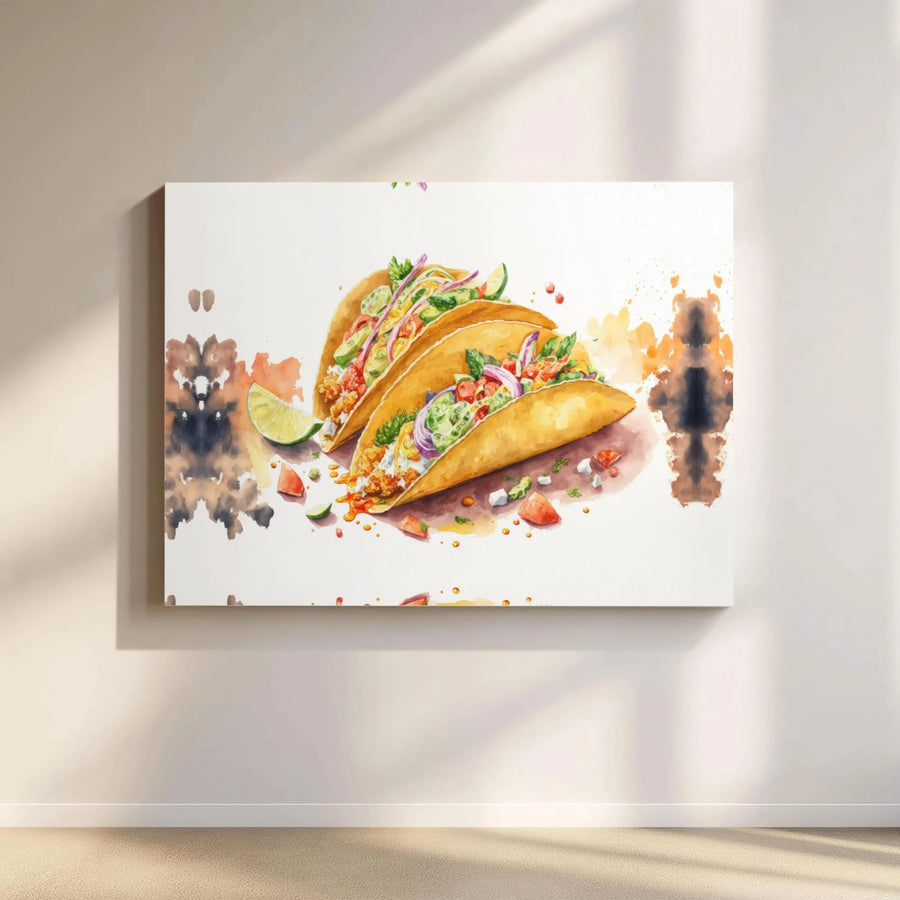 Taco Wall Art Canvas | Watercolor Mexican Food Kitchen Decor | Gallery Quality Premium Print | Vibrant Dining Room Gift For Foodie