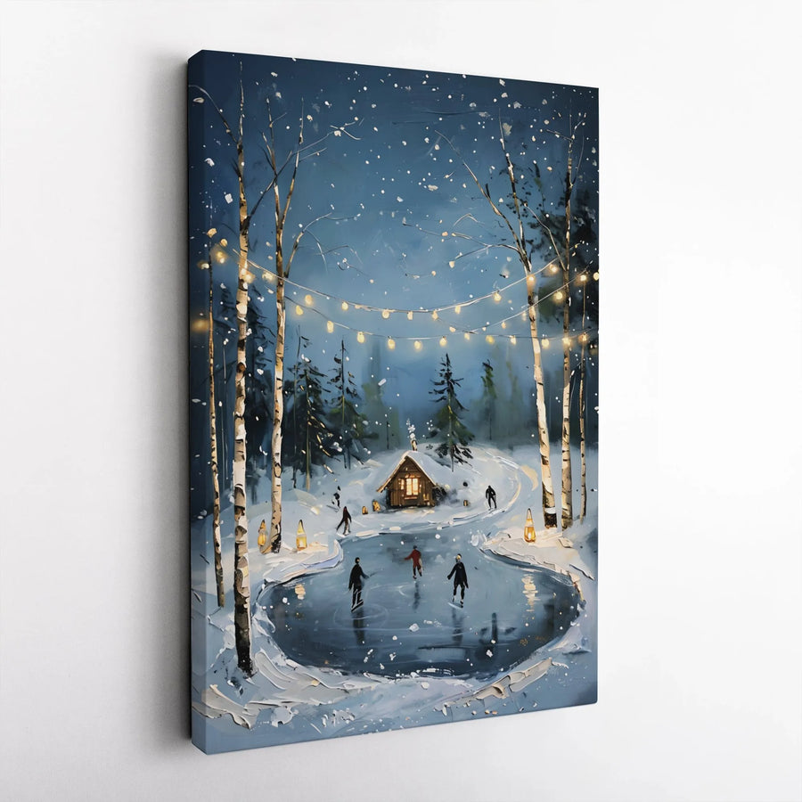 Winter Ice Skating Canvas Wall Art | Snowy Cabin With Fairy Lights Print | Premium Gallery Wrapped Decor | Cozy Christmas Holiday Home Gift