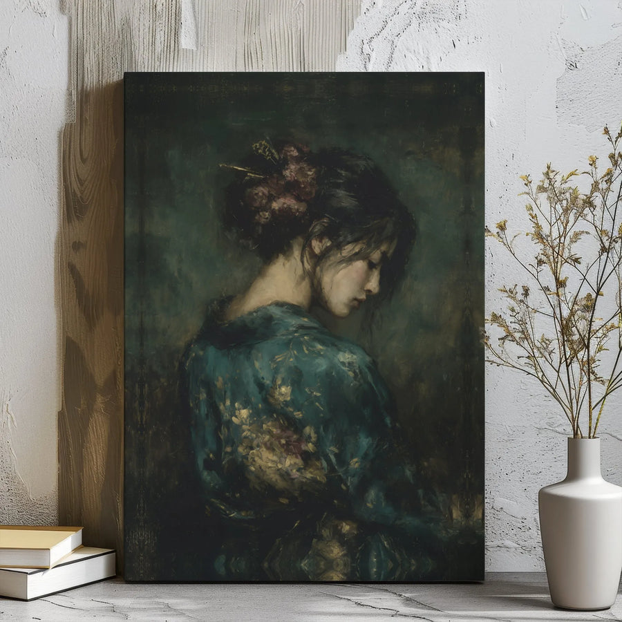 Japanese Woman Canvas Art | Moody Floral Kimono Portrait | Gallery Wrap Premium Print | Elegant Home Decor Gift