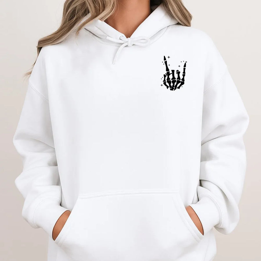 Skeleton Hand Rock On Hoodie | Spooky Minimalist Graphic Tee | Premium Soft Cotton | Unisex Halloween Gift for Music Fans