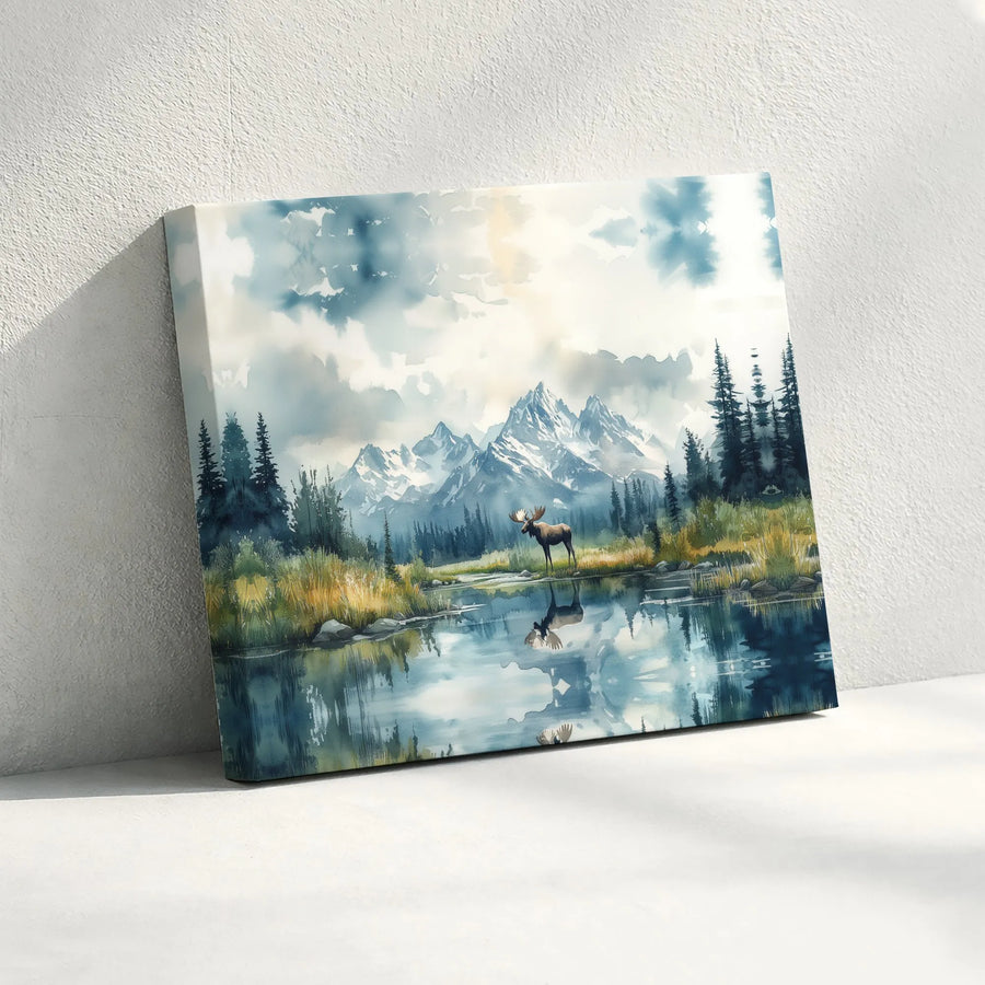 Moose Canvas Wall Art | Watercolor Mountain Lake Reflection | Premium Gallery Wrapped Canvas | Rustic Cabin & Lodge Decor Gift