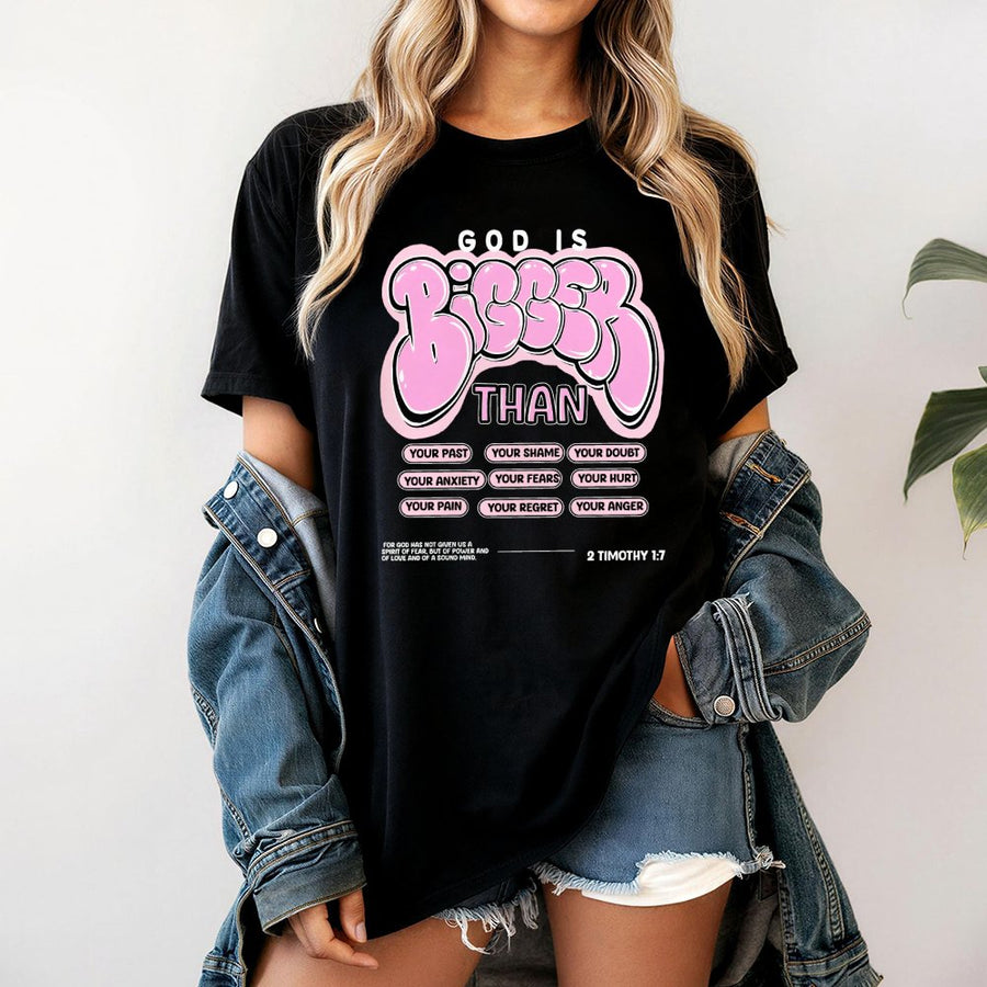 God Is Bigger Than T-Shirt | Christian Inspirational Scripture Graphic | 100% Cotton Premium Tee | Faith-Based Gift For Men And Women