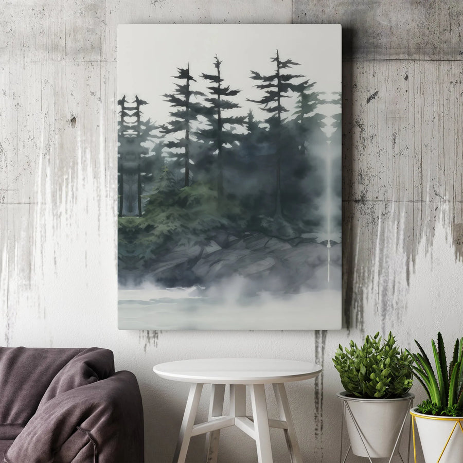 Misty Pine Forest Canvas Print | Moody Watercolor Nature Wall Art | 1.25-Inch Premium Gallery Wrap | Modern Home Office Decor Gift