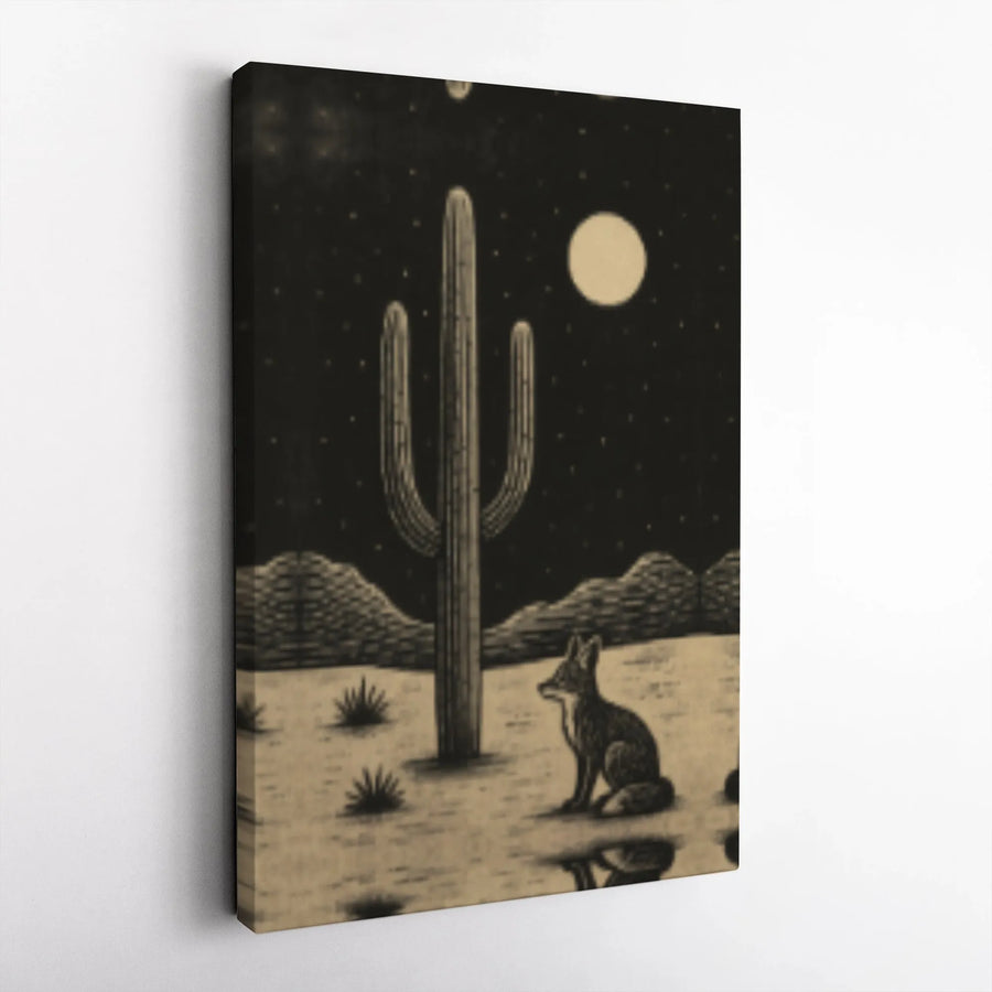 Desert Coyote Canvas Wall Art | Saguaro Cactus Moon Night Landscape | Premium Gallery Wrap Print | Southwestern Home Decor Gift