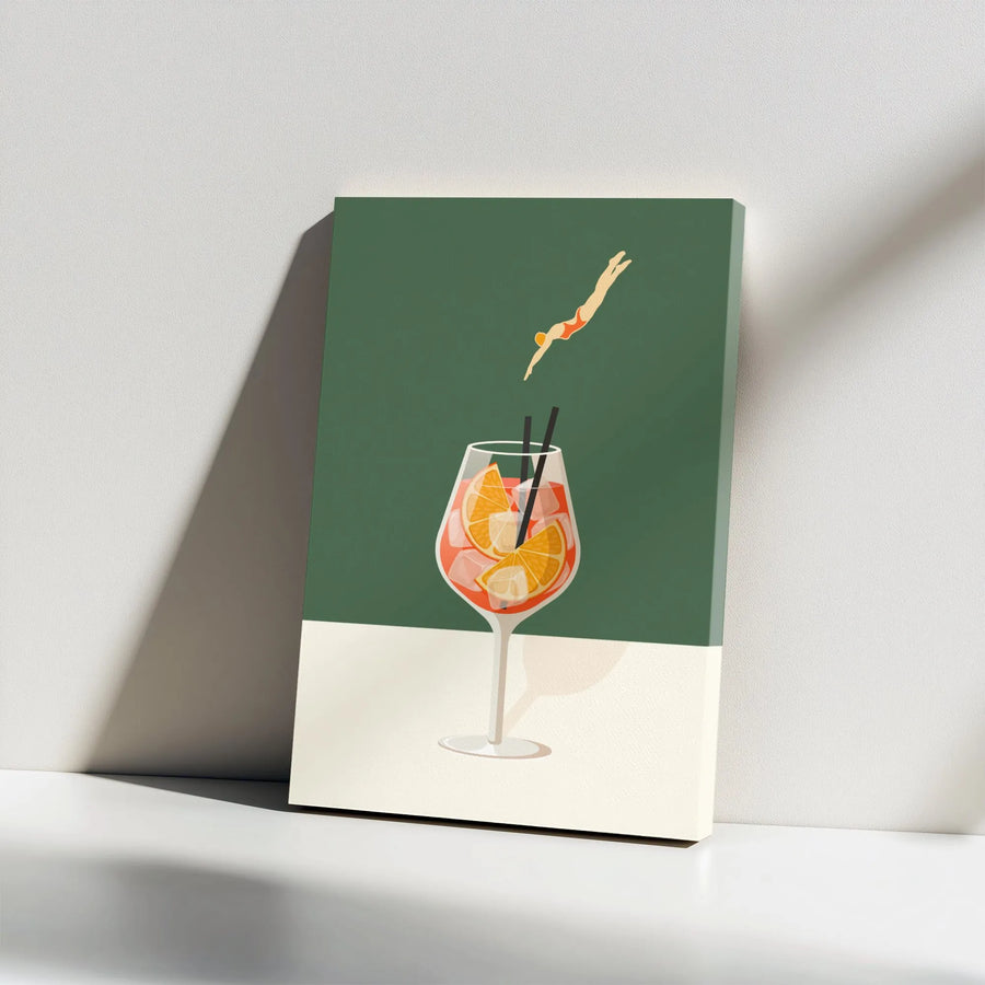 Cocktail Canvas Wall Art | Woman Diving Into Spritz Illustration | Premium Gallery Wrap Print | Modern Kitchen Bar Decor