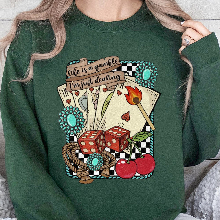 Life Is A Gamble Sweatshirt | Retro Western Playing Cards Graphic | Premium Cotton Blend Crewneck | Country Music Aesthetic Gift For Her