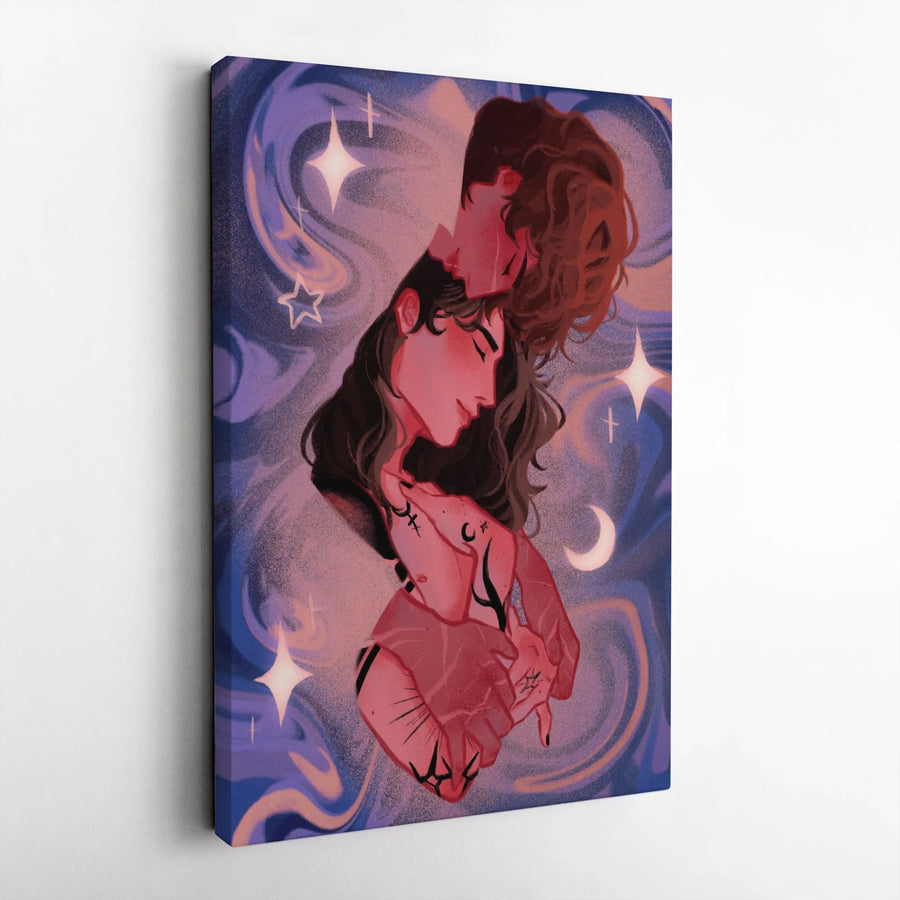 Celestial Couple Vertical Canvas | Romantic Starry Night Illustration | Premium Gallery Wrap Art | Cosmic Love Bedroom Decor Gift