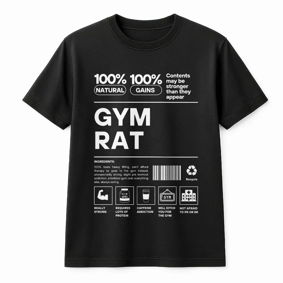 Gym Rat T-Shirt | Funny Nutrition Facts Workout Design | Premium Cotton Blend | Gift for Bodybuilder or Weightlifter