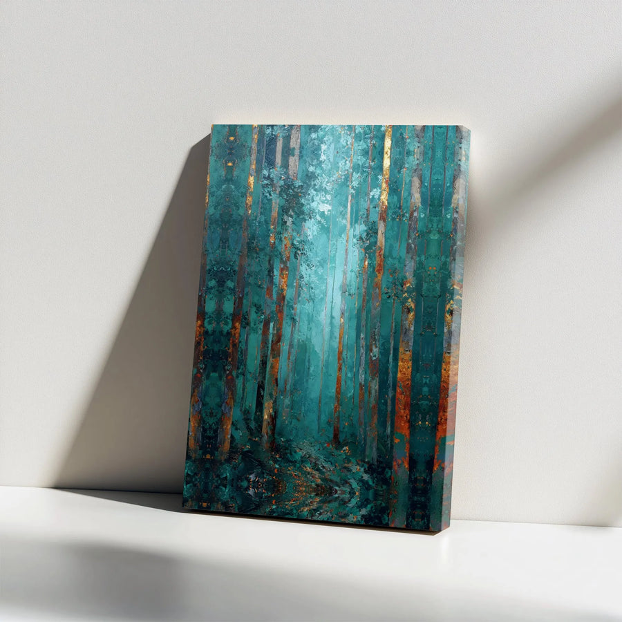 Teal and Gold Forest Canvas Wall Art | Abstract Woodland Painting | Premium 1.25" Gallery Wrap | Modern Home Decor for Living Room Bedroom
