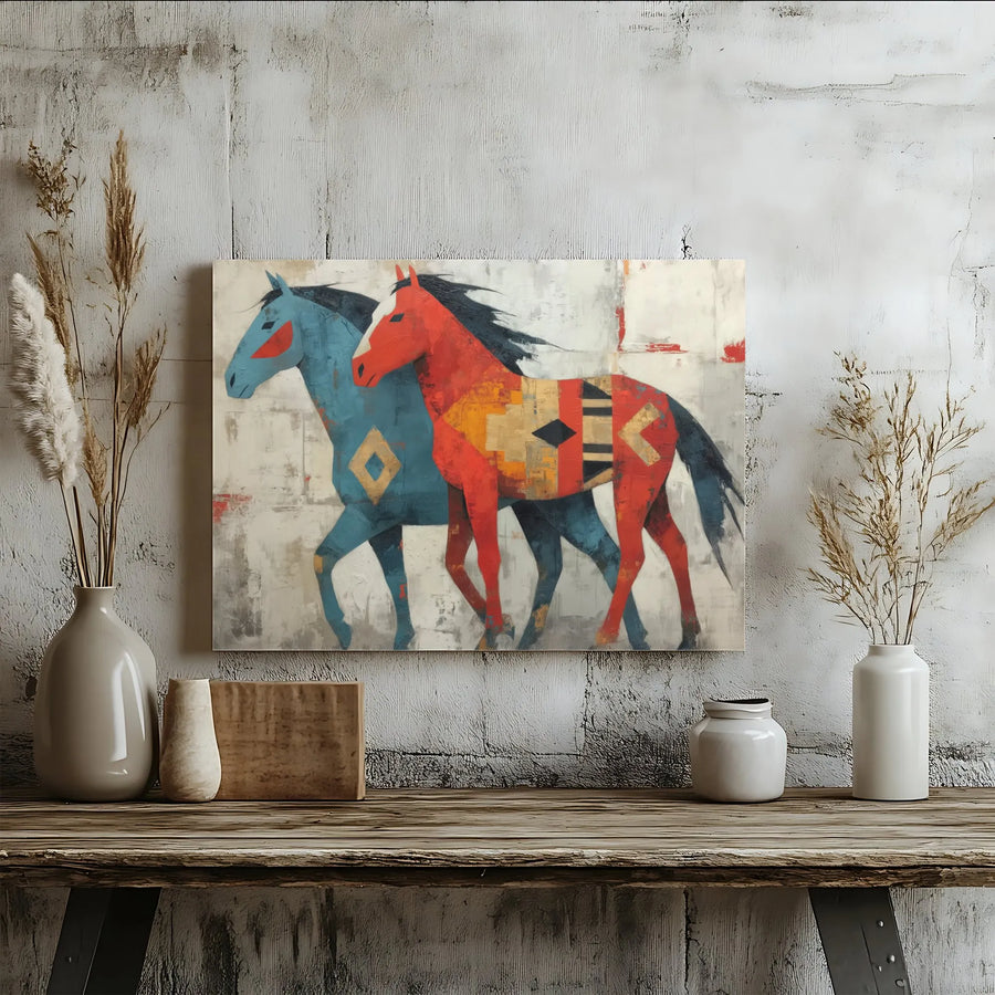 Abstract Horse Canvas Wall Art | Red and Blue Southwestern Geometric Design | Gallery-Quality Premium Print | Modern Home & Office Decor Gift