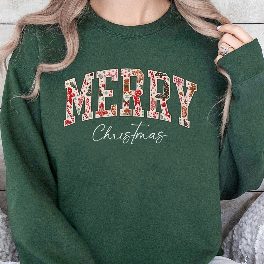 Merry Christmas Sweatshirt | Retro Holiday Pattern Lettering | Soft Cotton Blend Crewneck | Festive Matching Family Gift