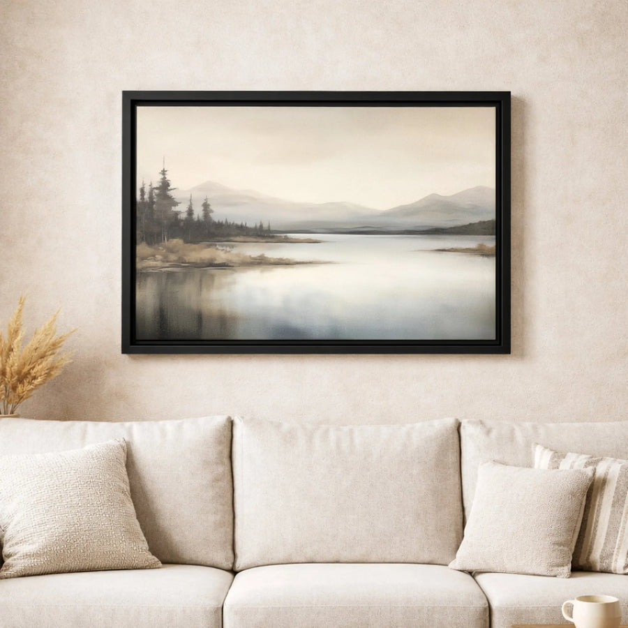 Neutral Landscape Canvas Print | Misty Mountain Lake Wall Art | Gallery Quality Fade-Resistant Decor | Modern Minimalist Home Office Gift