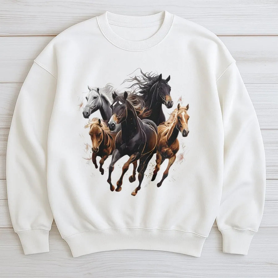 Running Horses Sweatshirt | Majestic Wild Horse Graphic Art | Premium Cotton Blend Crewneck | Gift for Horse Lovers and Equestrian Enthusiasts