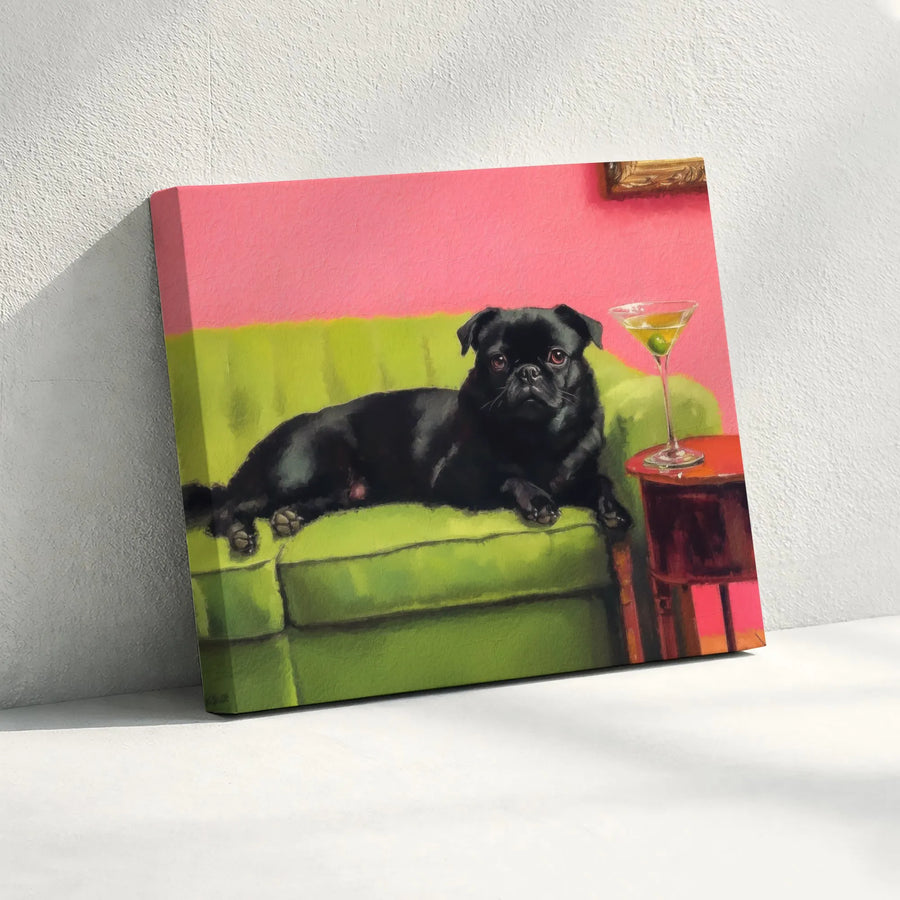 Black Pug Wall Art | Funny Dog Drinking Martini Painting | Gallery Wrap Canvas Print | Whimsical Pet Lover Gift Decor