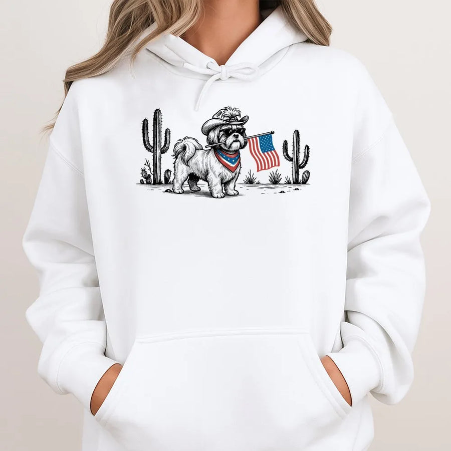 Patriotic Dog Hoodie | Western Cowboy Graphic with USA Flag | Premium Cotton Blend | 4th of July Gift for Dog Lovers