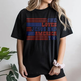 She Loves Jesus And America Too T-Shirt | Distressed Patriotic Flag Print | 100% Soft Cotton Tee | Fourth of July Gift for Women