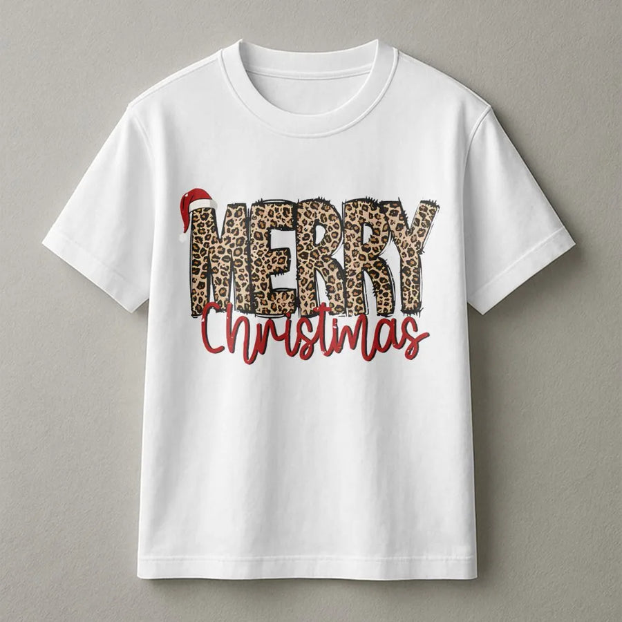 Merry Christmas T-Shirt | Leopard Print Santa Hat Holiday Graphic | Premium Cotton Unisex Tee | Cute Festive Women's Xmas Gift