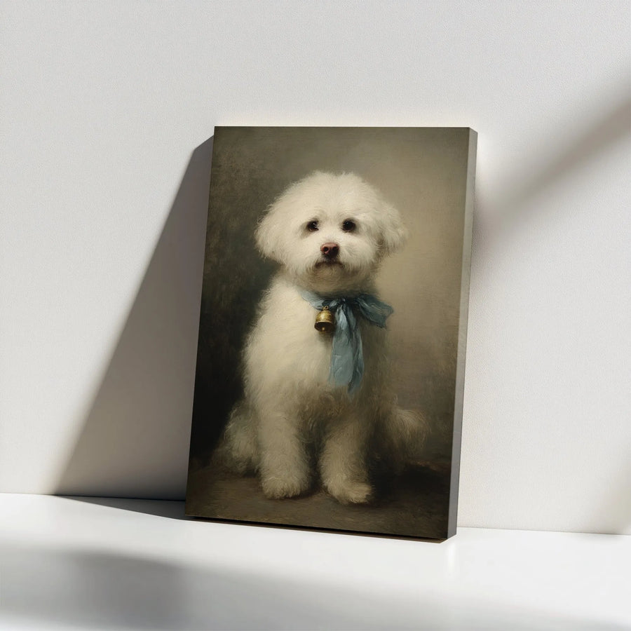 Bichon Frise Portrait Canvas Wall Art | Vintage Oil Painting Style with Blue Ribbon | Premium Gallery Canvas Print | Collector's Gift for Dog Lover