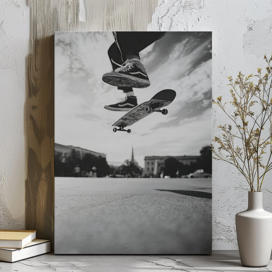 Skateboarder Wall Art | Mid-Air Skateboarding Trick Photography | Premium Gallery Wrap Canvas | Modern Home & Office Decor Gift