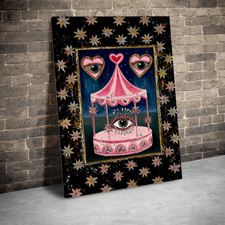 Surreal Pink Carousel Canvas Print | Evil Eye Heart Art | Premium Gallery Wrapped Wall Decor | Whimsical Gothic Home Gift