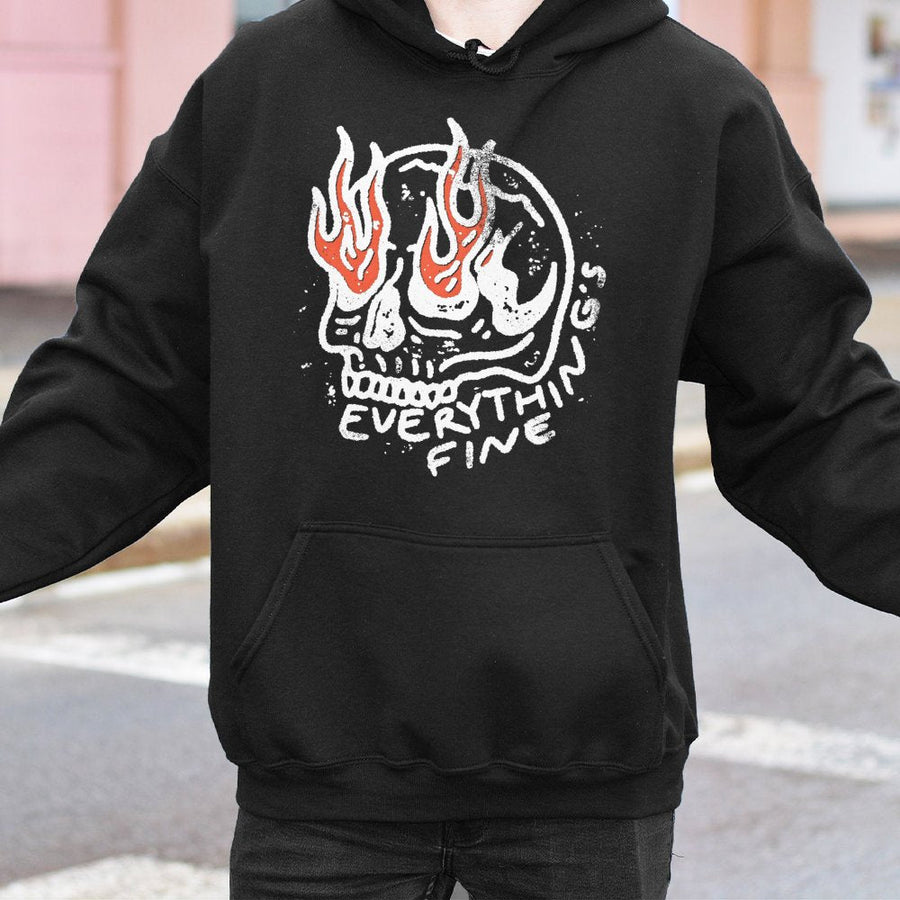 Everything Is Fine Skull Hoodie | Flaming Eyes Graphic Print | Premium Cotton Blend | Edgy Grunge Aesthetic Gift for Men and Women