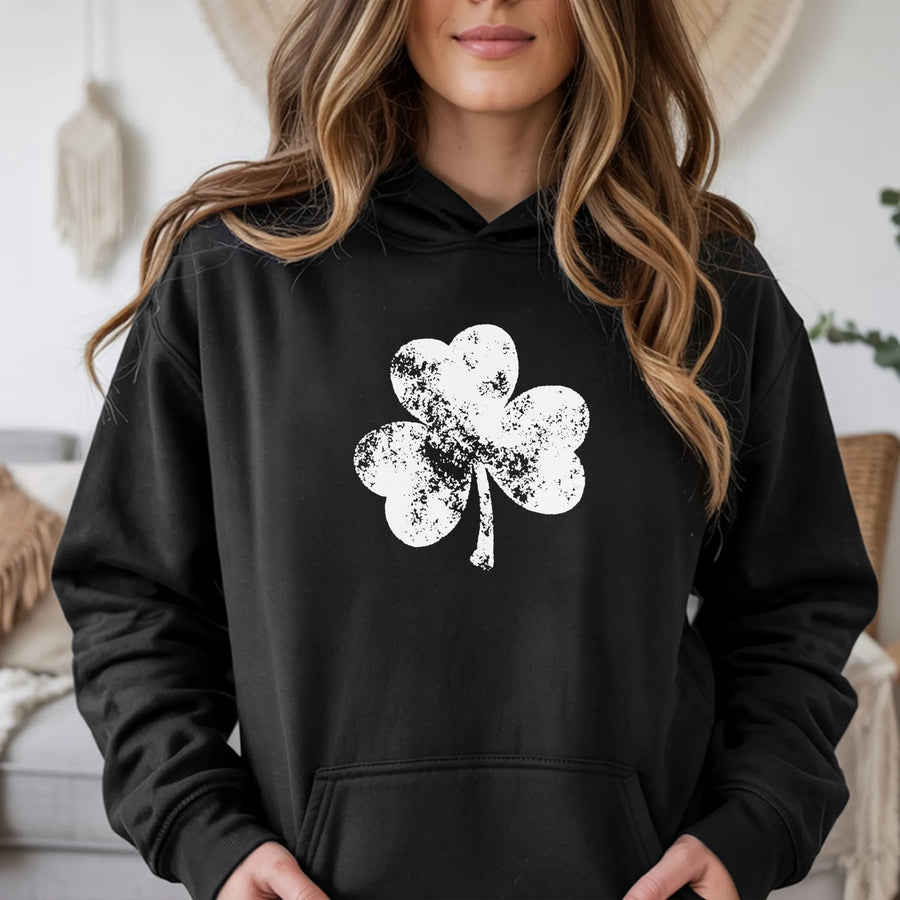 St Patrick's Day Shamrock Hoodie | Distressed Irish Clover Graphic | Premium Cotton Blend | Unisex Lucky Gift for Him or Her