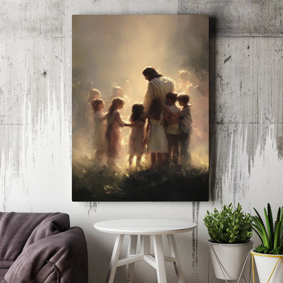 Jesus with Children Canvas Wall Art | Impressionist 'Let The Children Come To Me' Painting | Premium Thick Gallery Canvas | Inspirational Christian Gift