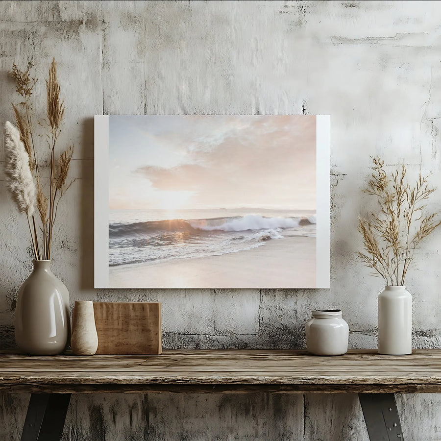 Coastal Beach Canvas Wall Art | Pastel Sunset Ocean Wave Photography | Thick Gallery Wrapped Canvas | Boho & Coastal Living Room Decor