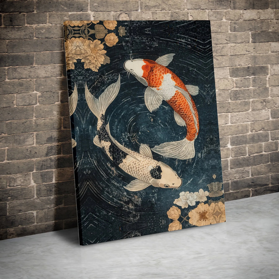 Japanese Koi Fish Canvas Print | Yin Yang Floral Water Art | Gallery-Wrapped Premium Decor | Zen Home Office Wall Art Gift