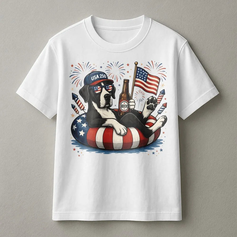 USA 250th Anniversary T-Shirt | Funny Patriotic Dog with Beer and Flag | Soft 100% Cotton | Unisex 4th of July Party Gift