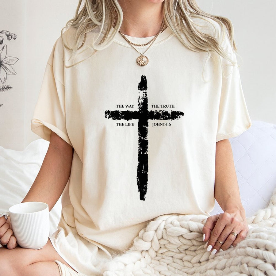 John 14:6 Bible Verse T-Shirt | Distressed Cross Graphic Minimalist Design | 100% Premium Cotton | Christian Gift For Men And Women