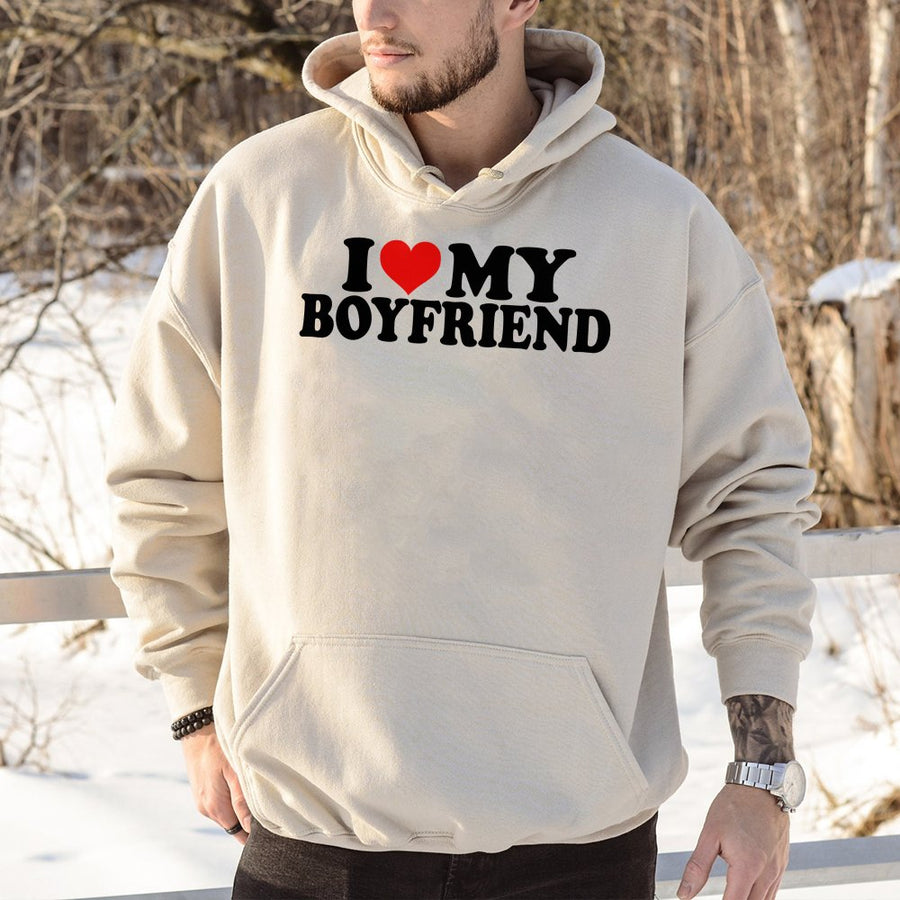 I Love My Boyfriend Hoodie | Heart Graphic Streetwear | Premium Cotton-Poly Blend | Cute Valentines Day Gift for Girlfriend or Her