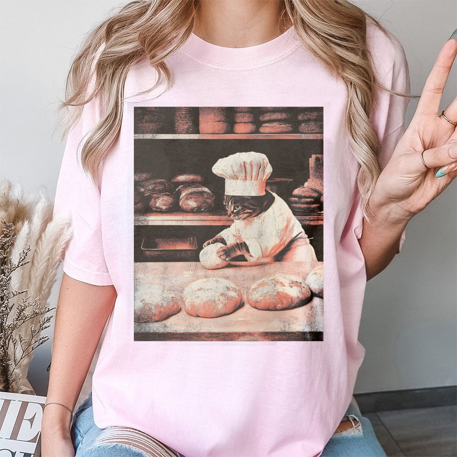 Funny Cat Baker T-Shirt | Chef Kitten Kneading Dough Graphic | 100% Cotton Premium Tee | Unique Gift for Bakers and Cat Lovers