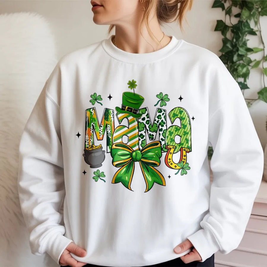 Lucky Mama St Patrick's Day Sweatshirt | Shamrock Clover Coquette Bow Graphic | Premium Cotton Blend | Gift for Irish Mom