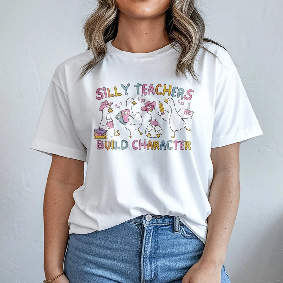Silly Teacher Goose T-Shirt | Funny Geese Build Character Graphic | Premium Cotton Blend | Back to School Teacher Appreciation Gift