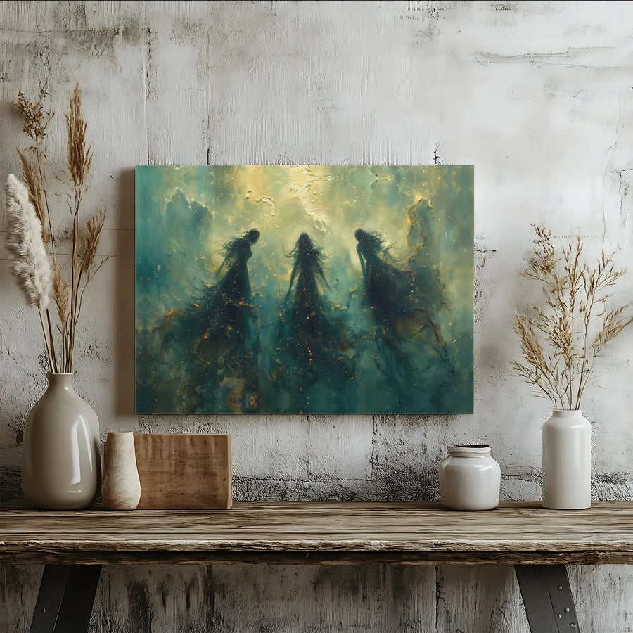 Ethereal Three Figures Wall Art | Abstract Celestial Nebula Canvas | Premium Fade-Resistant Print | Mystical Home Decor for Living Room