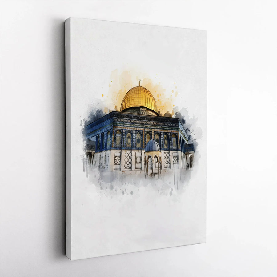 Dome Of The Rock Canvas Wall Art | Watercolor Jerusalem Landmark | Premium Gallery Wrap Print | Religious Home Decor Gift