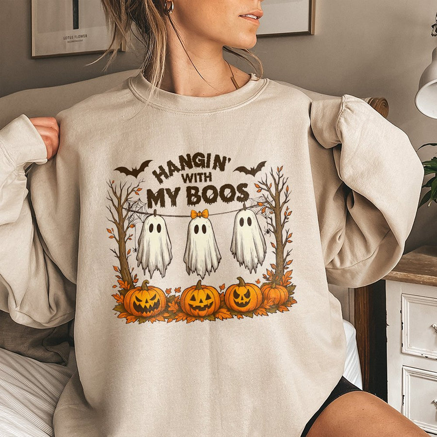 Hangin With My Boos Sweatshirt | Cute Hanging Ghost Pumpkin Graphic | Premium Cotton Blend | Funny Halloween Gift for Her and Him
