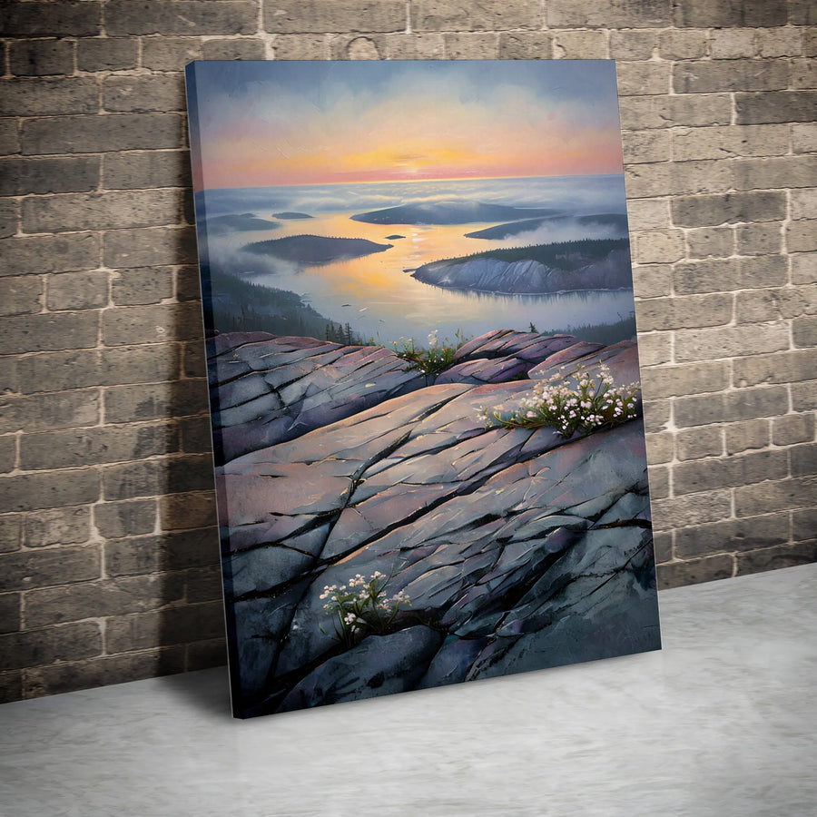 Mountain Sunset Vertical Canvas | Serene River Valley Painting Print | Premium 1.25" Gallery-Wrapped Wall Art | Gift for Nature Lovers