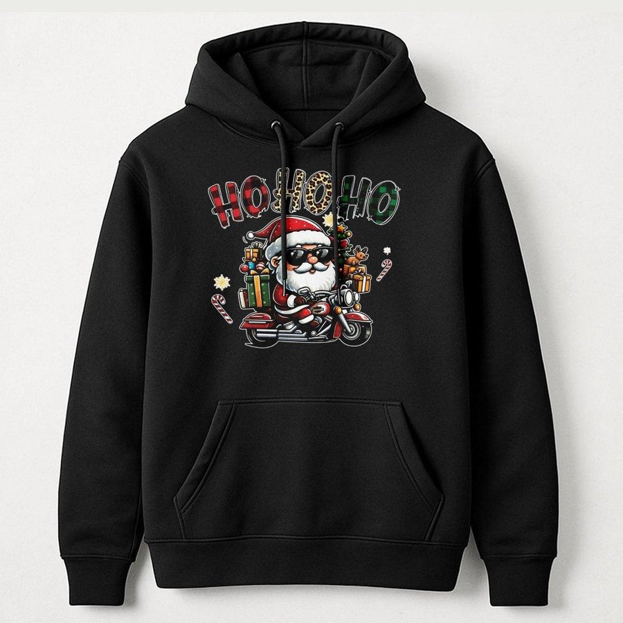 Cool Santa Motorcycle Hoodie | Funny Ho Ho Ho Graphic Print | Premium Cotton-Poly Blend | Christmas Gift for Men & Women
