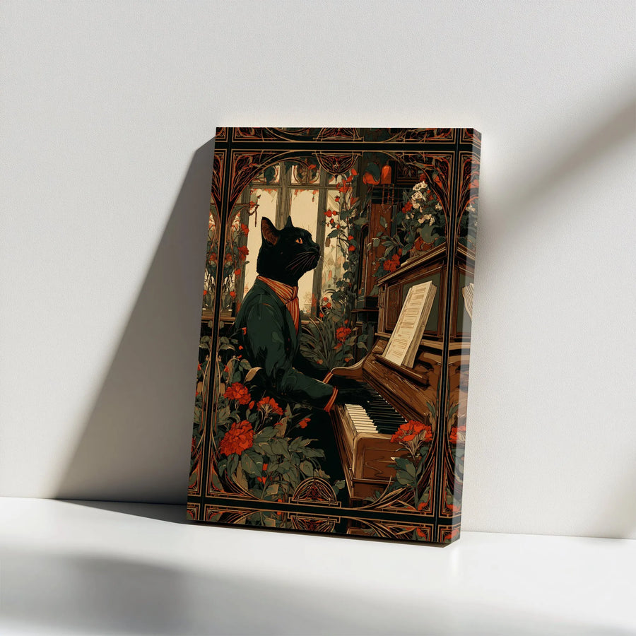 Art Nouveau Cat Canvas Wall Art | Pianist Cat in Floral Conservatory | Premium Canvas Print | Unique Gift for Cat Lovers & Musicians