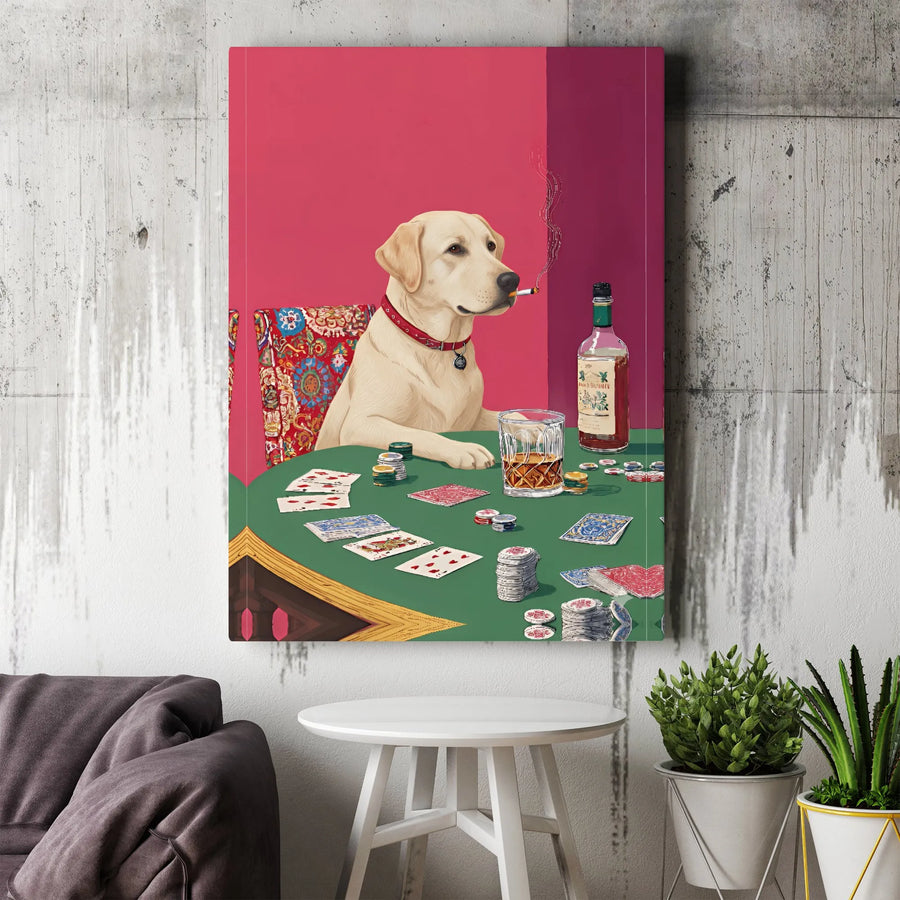Yellow Lab Playing Poker Canvas Wall Art | Funny Dog Smoking at Card Table | Premium Gallery Wrapped Print | Man Cave Decor Gift for Dog Lover