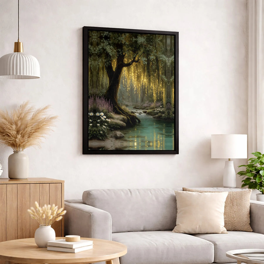 Enchanted Forest Canvas Art | Glowing Weeping Willow and Stream Landscape | Premium Fade-Resistant Print | Whimsical Nature Home Decor Gift