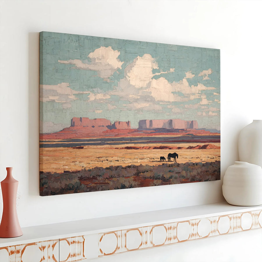 Southwestern Desert Canvas Wall Art | Painterly Western Landscape with Horses | Premium Gallery Wrapped Canvas | Rustic Farmhouse Living Room Decor