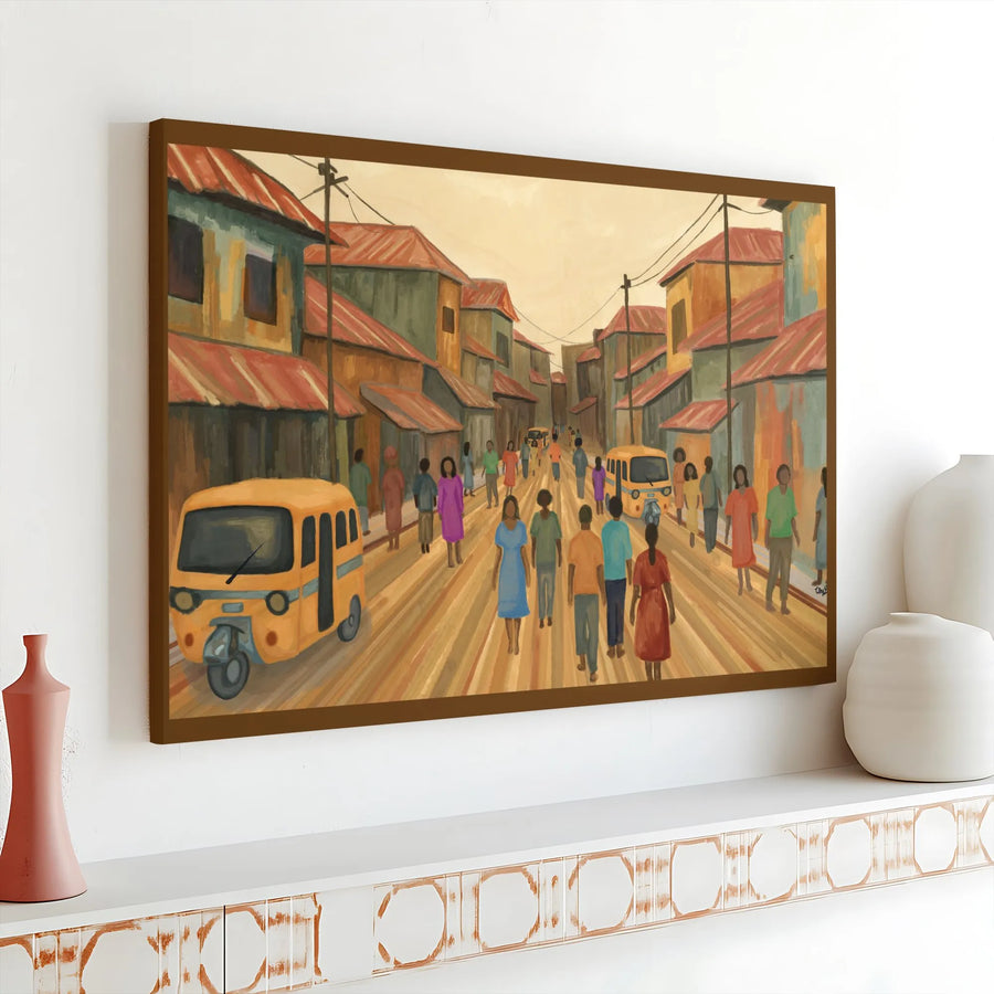 African Street Scene Canvas Art | Bustling Town Square Painting | Premium Gallery Wrapped Wall Decor | Cultural Home Decor Gift
